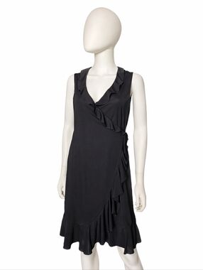FUTURE OZBEK | Vintage 1990s Black Ruffle Wrap Dress in Size US 8